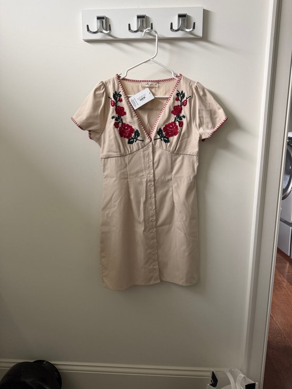 Molly Green Beige Embroidered V-Neck Button-Front Dress with Red Floral Detail